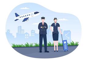 piloot cartoon vectorillustratie met vliegtuig, stewardess, stad of luchthaven achtergrondontwerp vector