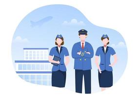 piloot cartoon vectorillustratie met vliegtuig, stewardess, stad of luchthaven achtergrondontwerp vector