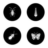 insecten glyph pictogrammen instellen. kakkerlak, rups, vlinder, stinkkever. vector witte silhouetten illustraties in zwarte cirkels