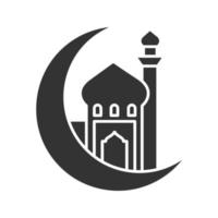 moskee met ramadan maan glyph icoon. wassende maan. islamitische cultuur. moslim aanbiddingsplaats. silhouet symbool. negatieve ruimte. vector geïsoleerde illustratie