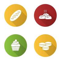 bakkerij platte ontwerp lange schaduw glyph pictogrammen instellen. brood, broodjes, cupcake, macarons. vector silhouet illustratie