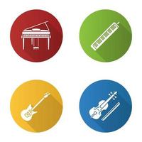 muziekinstrumenten platte ontwerp lange schaduw glyph pictogrammen instellen. piano, melodica, elektrische gitaar, altviool. vector silhouet illustratie