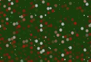 lichtgroene, rode vectorachtergrond met Kerstmissneeuwvlokken.