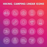wandelen, camping, outdoor lijn iconen set, laars, zaklamp, tent, kaart, spoor, kajak, bos, vissen, reis, kampeerder vector
