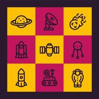 ruimte lijn iconen set, planeet, radiotelescoop, komeet, astronaut, satelliet, ruimtesonde, shuttle, ruimtepak, vectorillustratie vector