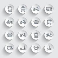 stadsvervoer iconen set, taxi, bus, trein, metro, auto's, fietsen, scooters vector