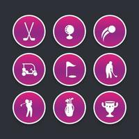 golf iconen set, clubs, speler, golfer, golftas, trendy ronde pictogrammen, vectorillustratie vector