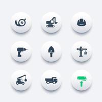 bouw iconen set, troffel, boor, verfroller, graafmachine, zware vrachtwagen, kraan, meetlint, vectorillustratie vector