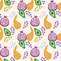 abstracte naadloze tekening. handgetekende vruchten in eenvoudige vormen. verse granaatappel, papaja en avocado vector