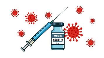 vaccin voor corona covid 19 en spuit met virus dat op witte vectorillustratie wordt geïsoleerd vector