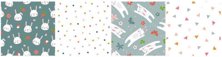 een set van naadloze patroon met hazen, bloemen en wortelen, harten. zomerse print met grappige springende konijnen. vectorafbeeldingen. vector