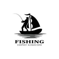 vissen logo pictogram vector, vang vis op de boot, outdoor zonsondergang silhouet ontwerp