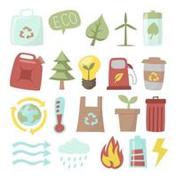 milieuvriendelijk, bespaar energie, milieu hernieuwbaar symbool sticker illustraties met groene auto, papieren zak, lamp en molen. vector