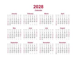 kalenderjaar sjabloon 2028. set van twaalf maanden kalender. vector