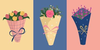 set van heldere boeketten in cartoon-stijl voor ansichtkaarten. rozen, tulpen en lavendel vector