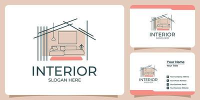 minimalistisch interieurlogo met logo-ontwerp in lijnstijl en sjabloon voor visitekaartjes vector