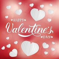 happy Valentijnsdag banner met kalligrafie hand belettering en 3D-wit papier gesneden harten. Valentijnsdag wenskaart op wazig bokeh achtergrond. vectorillustratie. vector