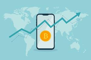 cryptovaluta, bitcoin crypto op mobiel. bitcoin valuta. groeigrafiek voor cryptomunten. internationale beurs. bitcoin opwaartse trend vector