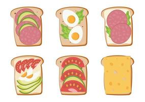toast met ei, kaas, tomaat, worst en avacado. ontbijt sandwiches, bovenaanzicht. vector