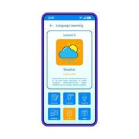 taal leren app smartphone interface vector sjabloon. mobiele applicatie pagina blauwe ontwerplay-out. scherm voor online Engelse lessen. platte ui. luister-, spreek-, leesopties op telefoondisplay