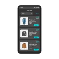 kleding huren applicatie smartphone interface vector sjabloon. feest, bruiloft, huurscherm voor alledaagse kostuums. mobiele winkel app pagina blauwe ontwerp lay-out. platte ui. heren jassen lijst op telefoon display