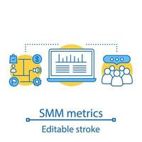 smm metrics en tools concept icoon. analyse van sociale media. groeisnelheid van het publiek. idee dunne lijn illustratie. vector geïsoleerde overzichtstekening. bewerkbare streek