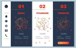 internetsnelheid tariefplannen onboarding mobiele app-schermsjablonen. doorlopende website-interface. basis, standaard, premium bezorgservice prijzen. smartphone lidmaatschap betaling webpagina layout vector