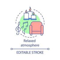 ontspannen sfeer concept icoon. meditatie plaats. gezellig appartement. romantisch gebied. fauteuil, muziek en kaarsen. rustruimte idee dunne lijn illustratie. vector geïsoleerde overzichtstekening. bewerkbare streek