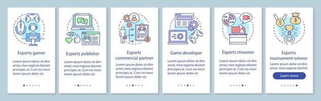 esports onboarding mobiele app-paginascherm met lineaire concepten. videospelletjes competitie. gaming toernooi walkthrough stappen grafische instructies. ux, ui, gui vectorsjabloon met illustraties vector