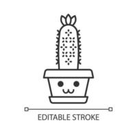 egel cactus schattig kawaii lineair karakter. cactus met lachend gezicht. echinopsis met bloem. thuis cactussen. vrolijke plant in pot. dunne lijn icoon. vector geïsoleerde overzichtsillustratie. bewerkbare streek