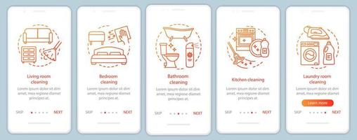 thuisreiniging onboarding mobiele app paginascherm, lineaire concepten. wasruimte, keuken, badkamer opruimen. vijf, walkthrough stappen grafische instructies. ux, ui, gui vectorsjabloon met illustraties vector