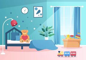 gezellige kinderkamer interieur met meubels zoals bed, speelgoed, kledingkast, nachtkastje, vaas, kroonluchter in moderne stijl in cartoon vectorillustratie