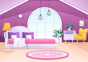 gezellige slaapkamer interieur met meubels zoals bed, kledingkast, nachtkastje, vaas, kroonluchter in moderne stijl in cartoon vectorillustratie