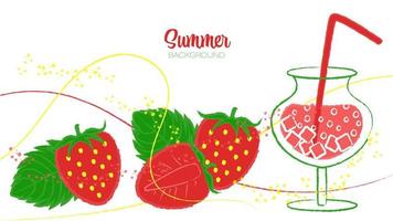 decoratieve vector zomer achtergrond met sappige verse aardbeien, cocktail, abstracte verf penseelstreken en spatten