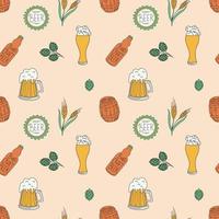 hand getekend naadloos patroon met een bierthema. glazen met bier, hop, flessen en meer in de doodle-stijl. voor menu's, cafés, flyers, uitnodigingen. vector