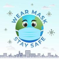 draag masker blijf veilig banner. aarde in blauw medisch gezichtsmasker. coronavirus pandemie vectorillustratie. stedelijke lucht landschapsmening met covid-19 verspreiding. vector