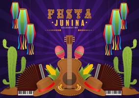 festa junina poster juni festival. folklore vakantie gitaar accordeon cactus zomer zonnebloem kampvuur. vector