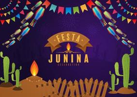 festa junina poster juni festival. folklore vakantie gitaar accordeon cactus zomer zonnebloem kampvuur. vector