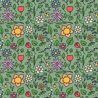 kleurrijk naadloos bloemen vectorpatroon. doodle vector met bloemmotief op groene achtergrond. vintage bloemenpatroon