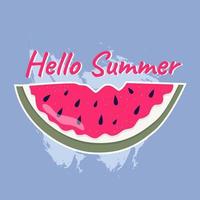 trendy zomerse sticker van een fel gebeten watermeloen. de inscriptie hallo zomer. kleurrijke ansichtkaart moderne illustratie voor web en print. vector