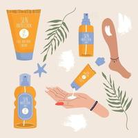 zonbeschermingsset. handgetekende zonnebrandcrème, spray, lotion.cream maskers, op het been en de arm. palmbladeren en cosmetische producten voor huidverzorging.