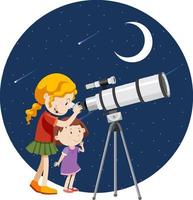 een meisje dat 's nachts door een telescoop kijkt vector