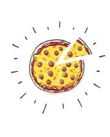 pizza print voor pizzeria met schattige doodle ansichtkaart, voedsel poster, achtergrond. hand getekende vectorillustratie. vector