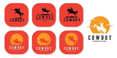 cowboy man rijdt paard krachtig silhouet bij zonsondergang, pictogram logo ontwerp vector