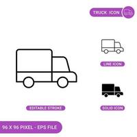 vrachtwagen pictogrammen instellen vectorillustratie met solide pictogram lijnstijl. bestelwagen concept. bewerkbaar slagpictogram op geïsoleerde achtergrond voor webdesign, infographic en ui mobiele app. vector