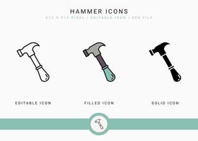 hamer pictogrammen instellen vectorillustratie met solide pictogram lijnstijl. timmerman gereedschap bouwconcept. bewerkbaar lijnpictogram op geïsoleerde achtergrond voor webdesign, gebruikersinterface en mobiele applicatie vector