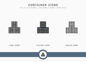 container pictogrammen instellen vectorillustratie met solide pictogram lijnstijl. logistiek leveringsconcept. bewerkbaar lijnpictogram op geïsoleerde achtergrond voor webdesign, gebruikersinterface en mobiele app vector