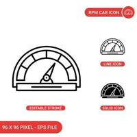 rpm auto pictogrammen instellen vectorillustratie met solide pictogram lijnstijl. snelheidsmeter weergaveconcept. bewerkbaar slagpictogram op geïsoleerde achtergrond voor webdesign, infographic en ui mobiele app. vector