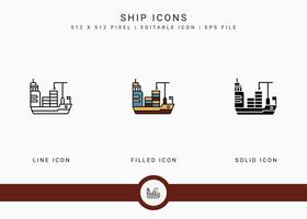 schip pictogrammen instellen vectorillustratie met solide pictogram lijnstijl. logistiek leveringsconcept. bewerkbaar lijnpictogram op geïsoleerde achtergrond voor webdesign, gebruikersinterface en mobiele app vector