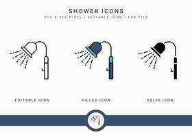 douche pictogrammen instellen vectorillustratie met pictogram lijnstijl. douche sprinkler badkamer concept. bewerkbaar lijnpictogram op geïsoleerde witte achtergrond voor webdesign, gebruikersinterface en mobiele applicatie vector